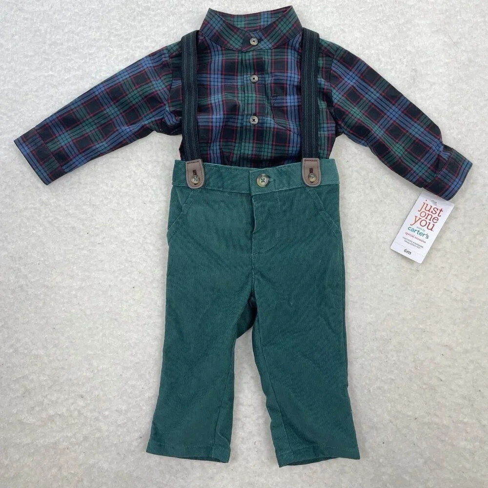 CARTERS Just One You Suspender 3-Pc Plaid Top Green Corduroy Pants Boy 6 Months